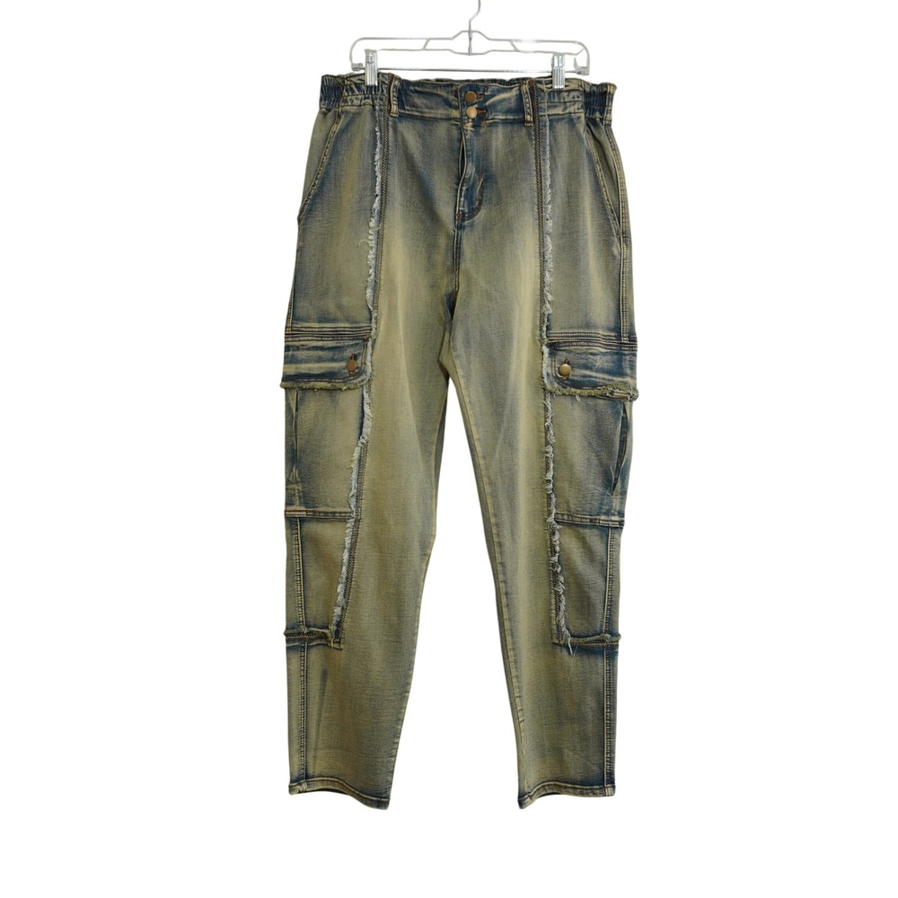 Oli‎ & Hali Yellow Wash Distressed Cargo Jeans XL Fringed Raw Edge Utility Pants